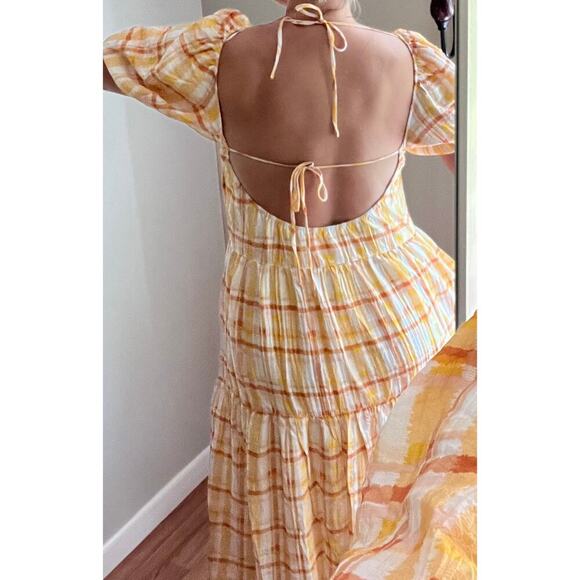 Astr The Label Anthropologie IIana Puff Sleeve Prarie Yellow Plaid Dress - Picture 9 of 17